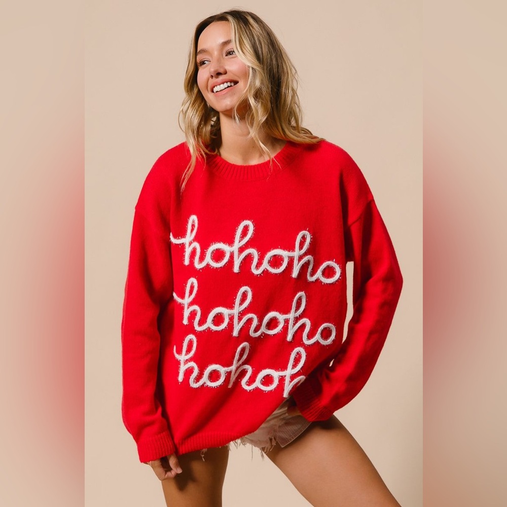 NEW ARRIVAL:  BIBI SLIGHTLY TILTED TINSEL HO HO HO LETTERING CHRISTMAS SWEATER